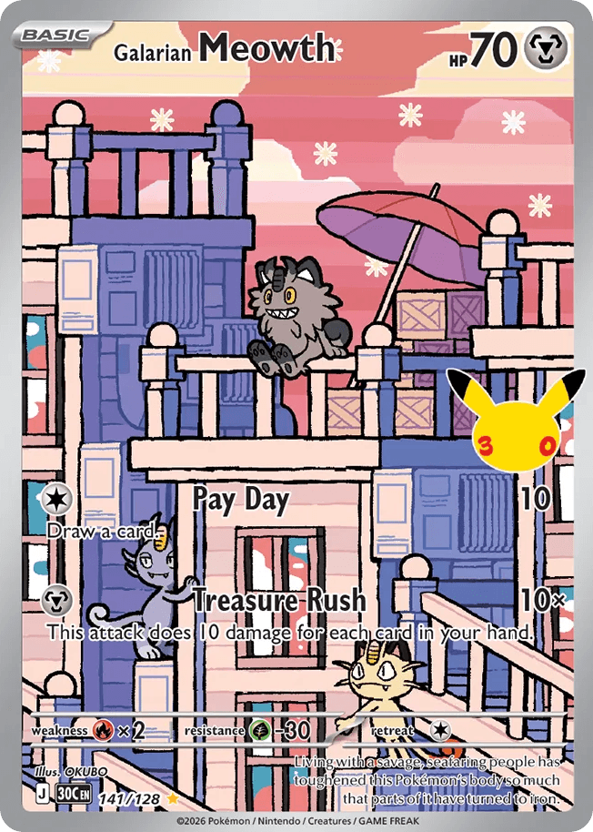 Galarian Meowth, card 141, from Pokemon TCG: 30th Celebration