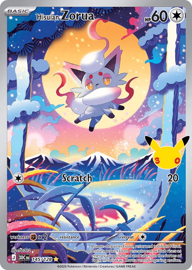 Hisuian Zorua, card 145, from Pokemon TCG: 30th Celebration