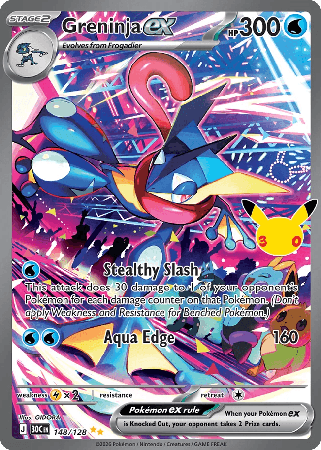 Greninja ex, card 148, from Pokemon TCG: 30th Celebration