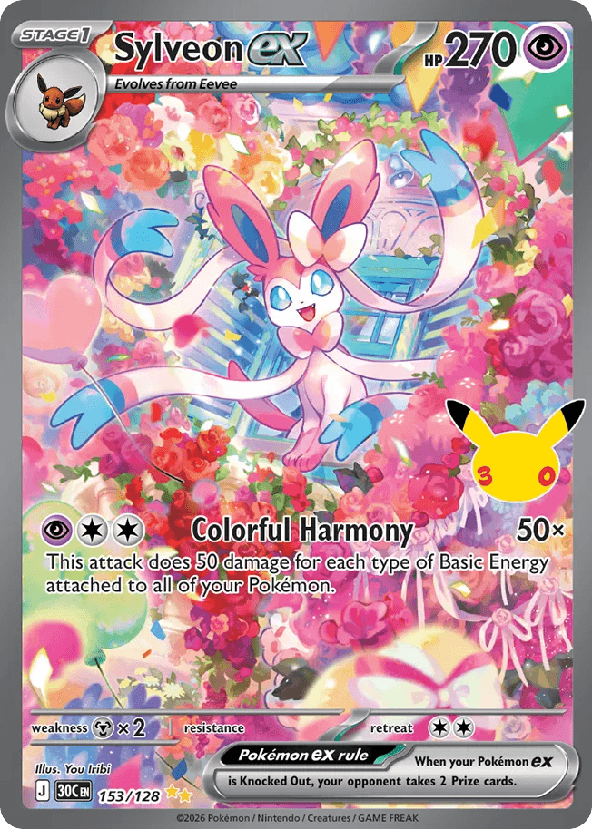 Sylveon ex, card 153, from Pokemon TCG: 30th Celebration