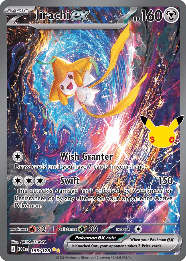 Jirachi ex, card 155, from Pokemon TCG: 30th Celebration