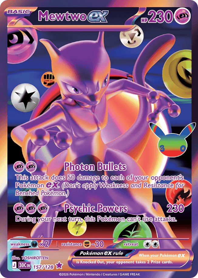 Mewtwo ex, card 157, from Pokemon TCG: 30th Celebration
