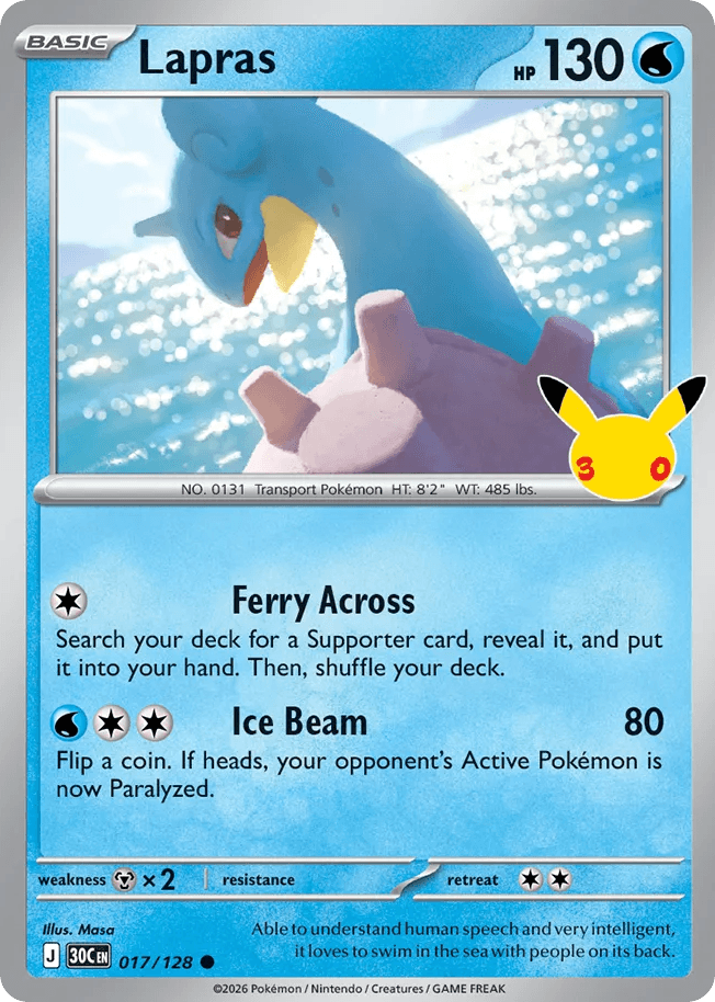 Lapras, card 17, from Pokemon TCG: 30th Celebration