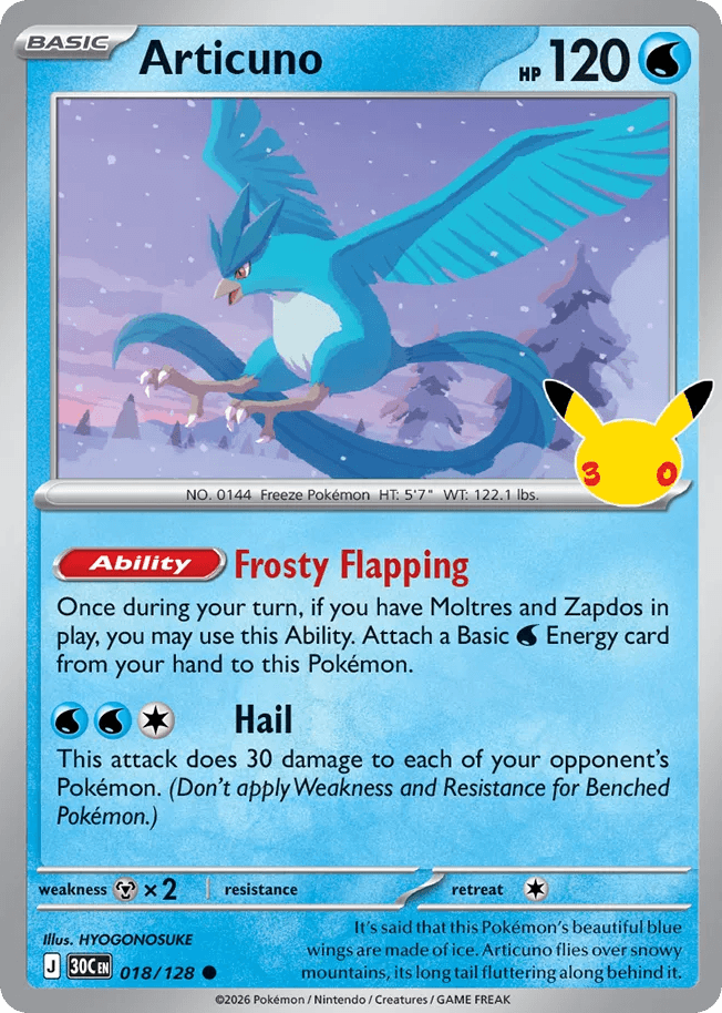 Articuno, card 18, from Pokemon TCG: 30th Celebration