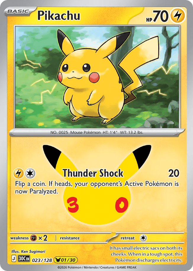 Pikachu, card 23, from Pokemon TCG: 30th Celebration