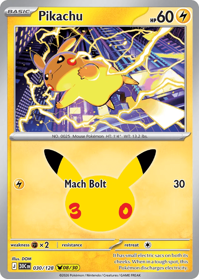 Pikachu, card 30, from Pokemon TCG: 30th Celebration