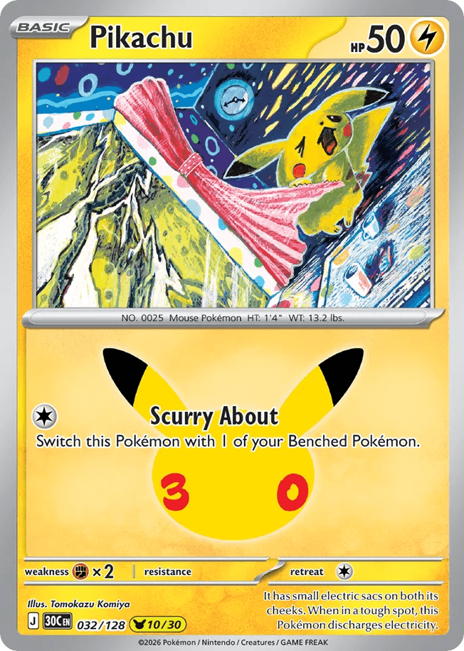 Pikachu, card 32, from Pokemon TCG: 30th Celebration