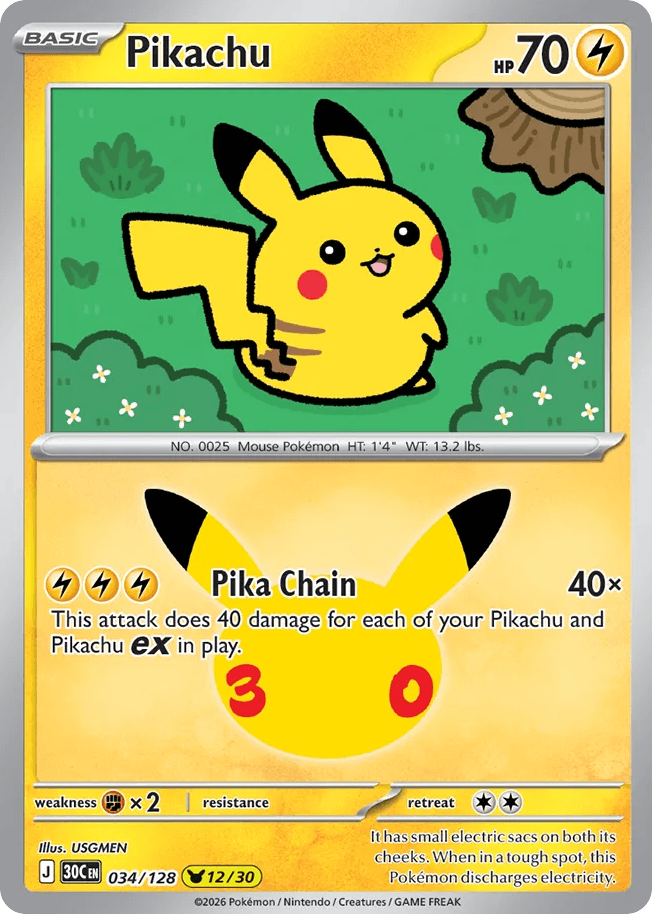 Pikachu, card 34, from Pokemon TCG: 30th Celebration
