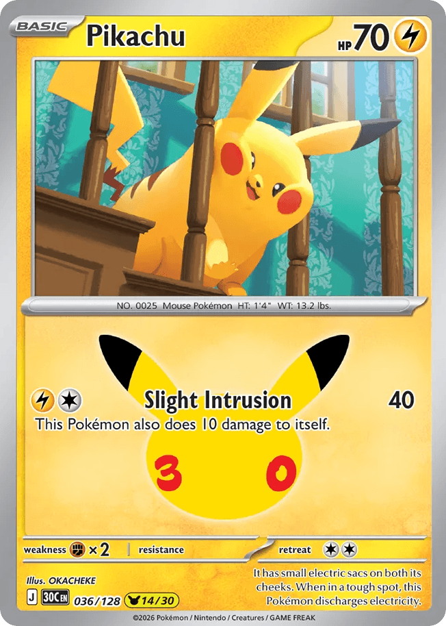 Pikachu, card 36, from Pokemon TCG: 30th Celebration