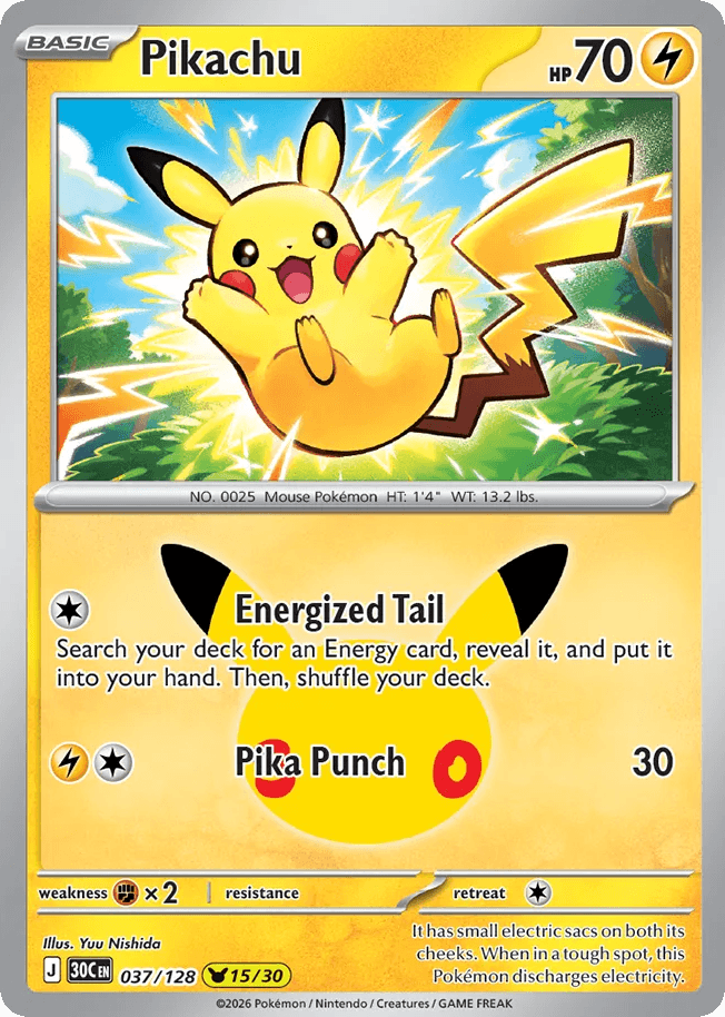 Pikachu, card 37, from Pokemon TCG: 30th Celebration