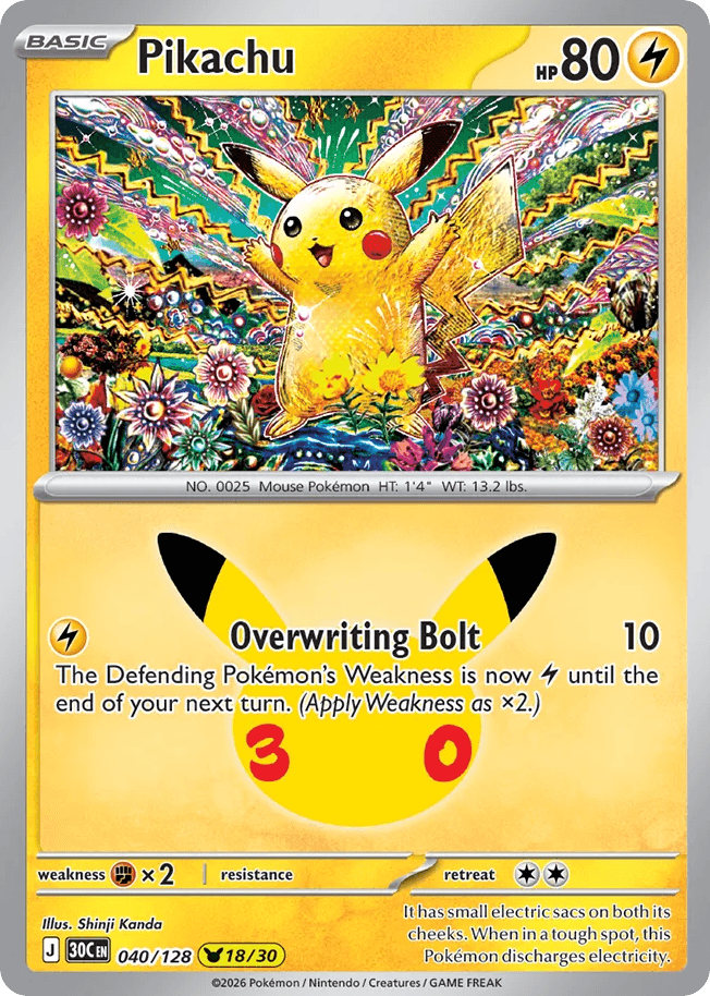 Pikachu, card 40, from Pokemon TCG: 30th Celebration