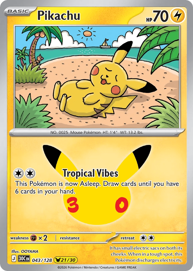 Pikachu, card 43, from Pokemon TCG: 30th Celebration