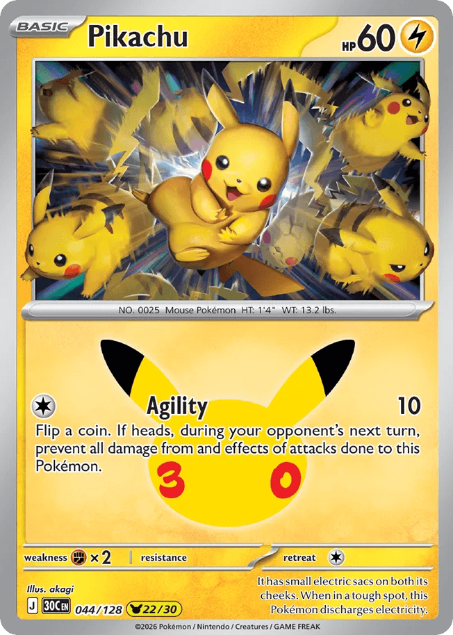 Pikachu, card 44, from Pokemon TCG: 30th Celebration