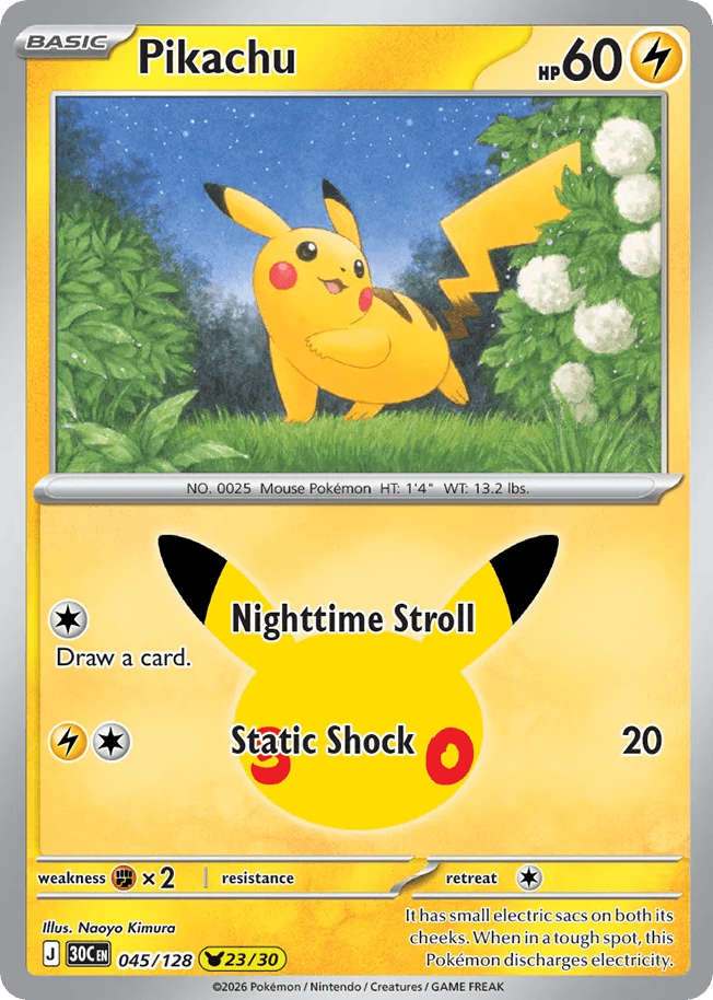 Pikachu, card 45, from Pokemon TCG: 30th Celebration
