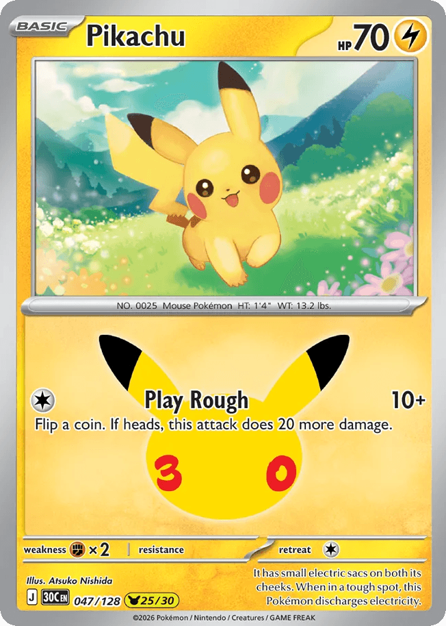 Pikachu, card 47, from Pokemon TCG: 30th Celebration