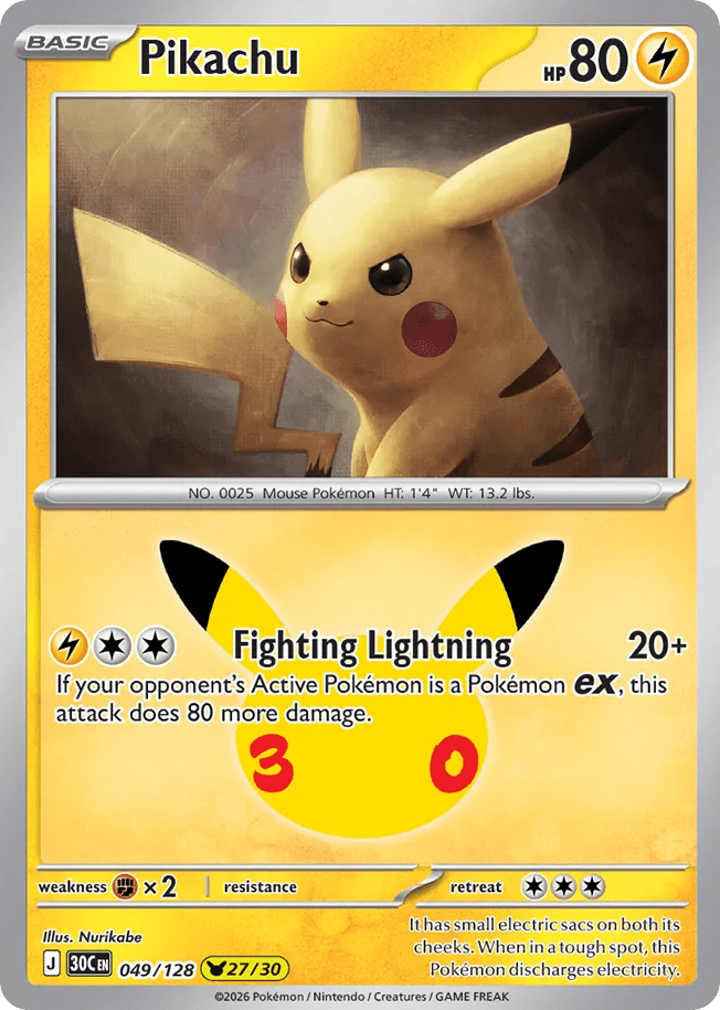Pikachu, card 49, from Pokemon TCG: 30th Celebration