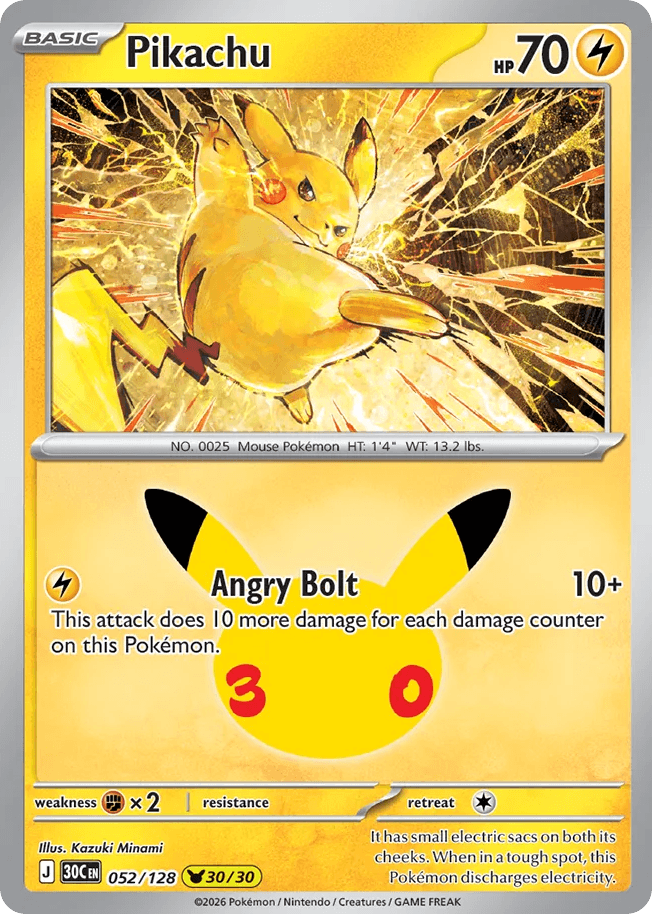Pikachu, card 52, from Pokemon TCG: 30th Celebration