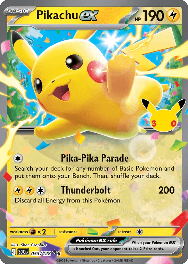 Pikachu ex, card 53, from Pokemon TCG: 30th Celebration