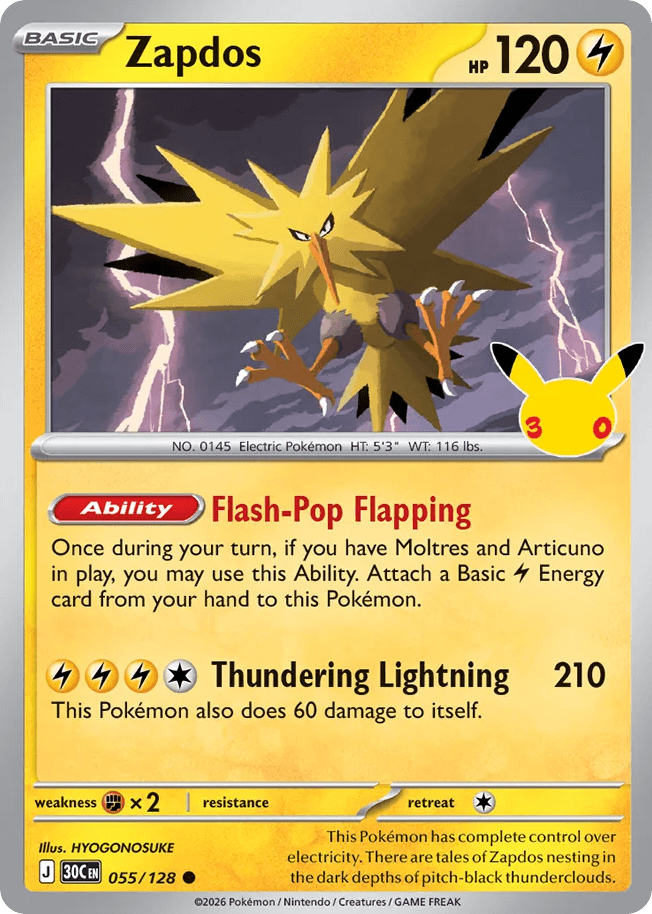 Zapdos, card 55, from Pokemon TCG: 30th Celebration