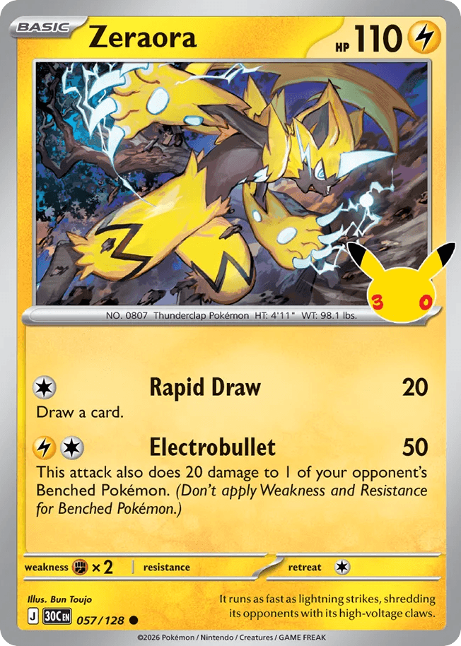 Zeraora, card 57, from Pokemon TCG: 30th Celebration