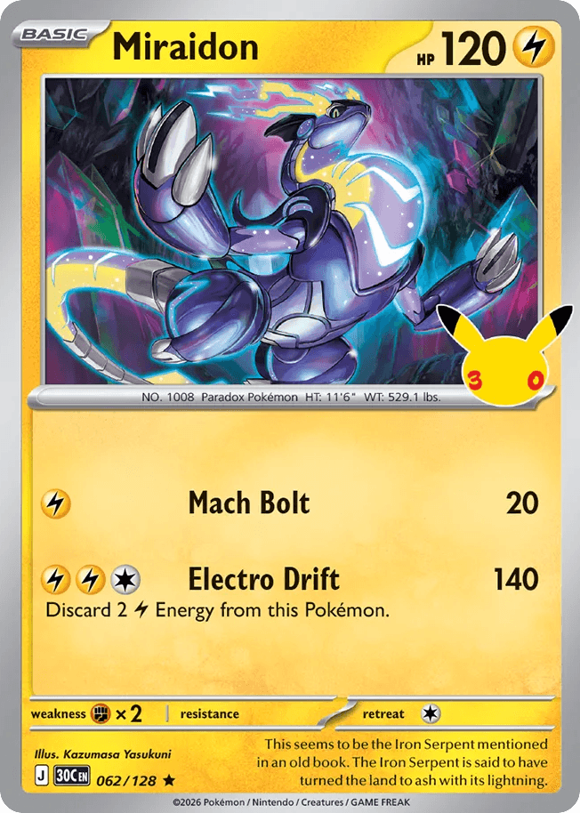 Miraidon, card 62, from Pokemon TCG: 30th Celebration