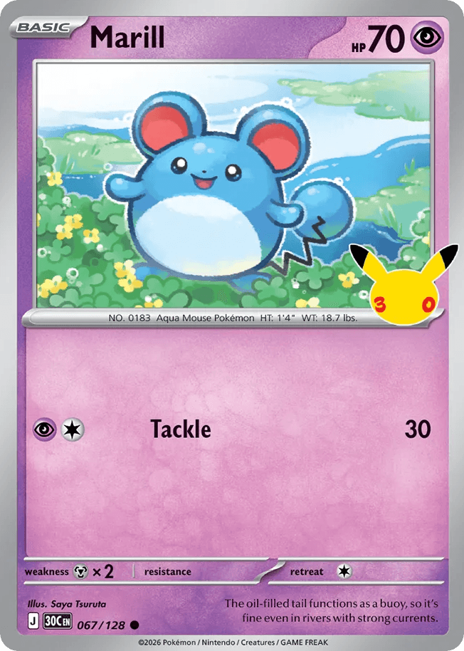 Marill, card 67, from Pokemon TCG: 30th Celebration