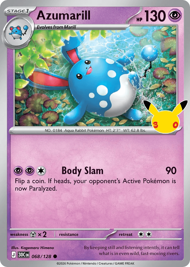 Azumarill, card 68, from Pokemon TCG: 30th Celebration