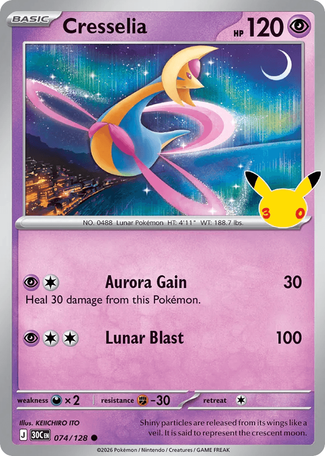 Cresselia, card 74, from Pokemon TCG: 30th Celebration
