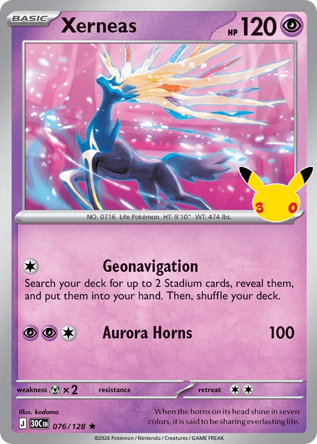 Xerneas, card 76, from Pokemon TCG: 30th Celebration