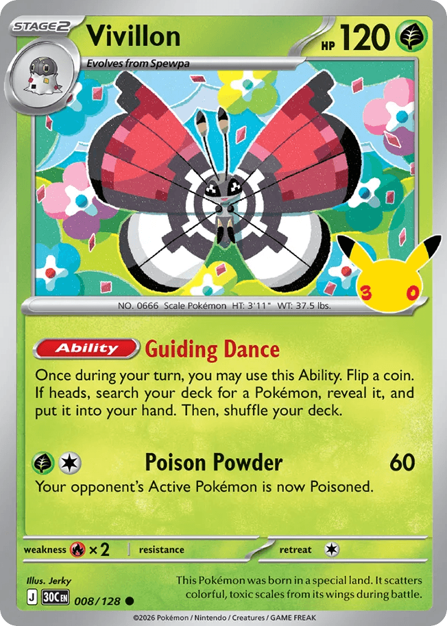 Vivillon, card 8, from Pokemon TCG: 30th Celebration