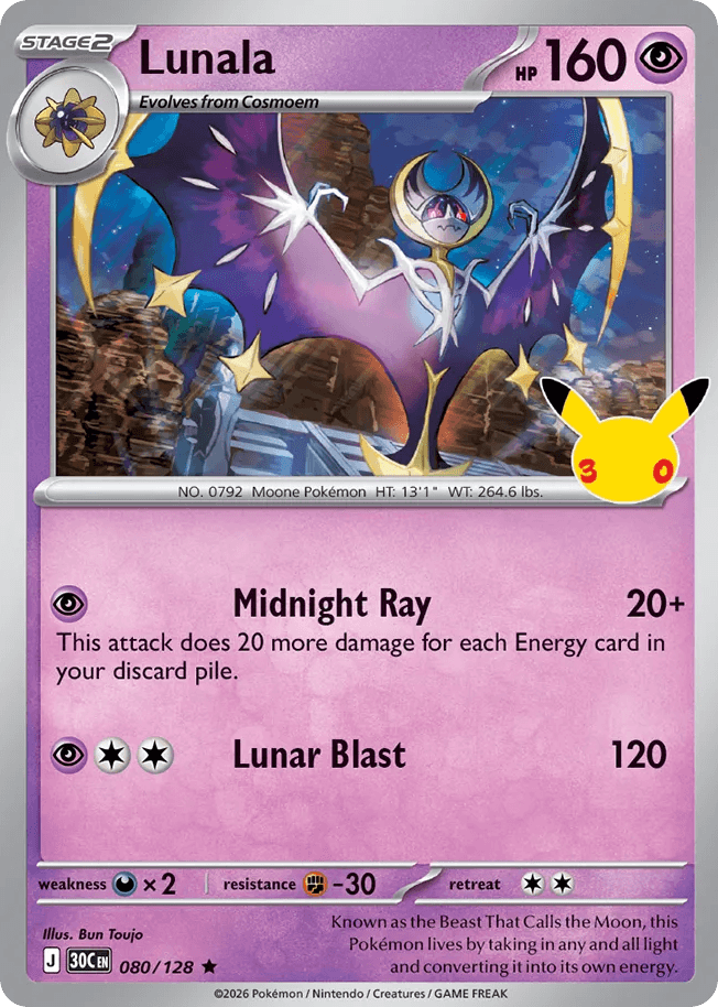 Lunala, card 80, from Pokemon TCG: 30th Celebration