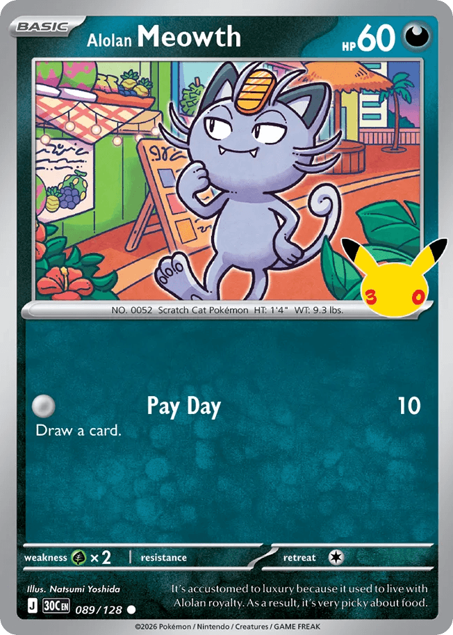 Alolan Meowth, card 89, from Pokemon TCG: 30th Celebration