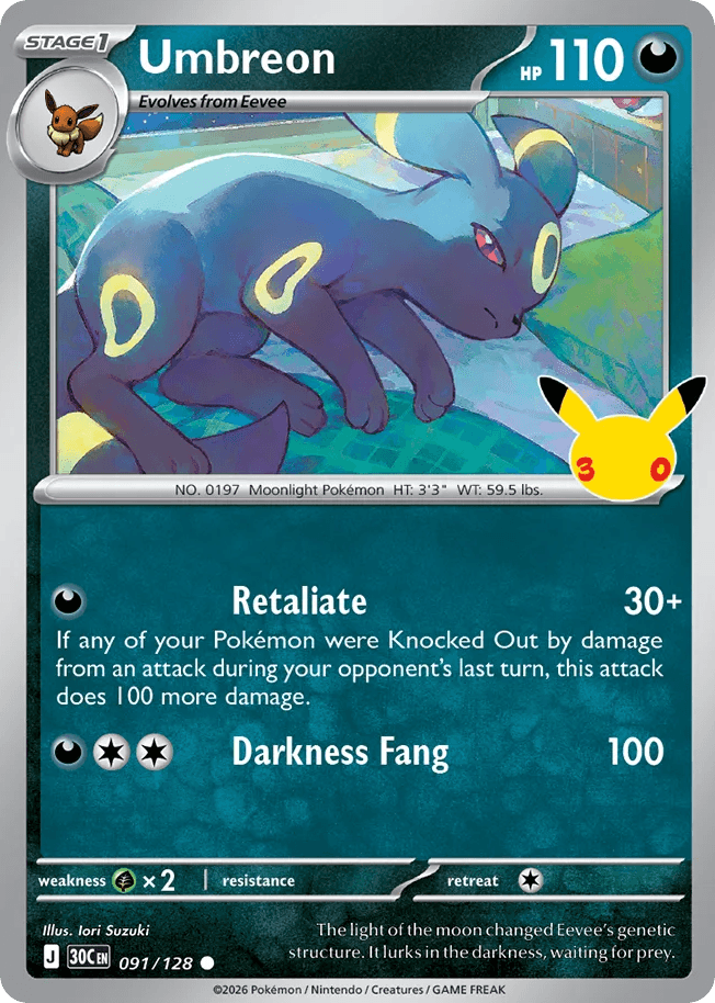 Umbreon, card 91, from Pokemon TCG: 30th Celebration
