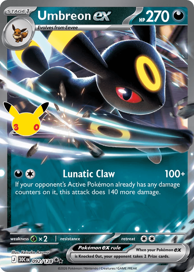 Umbreon ex, card 92, from Pokemon TCG: 30th Celebration