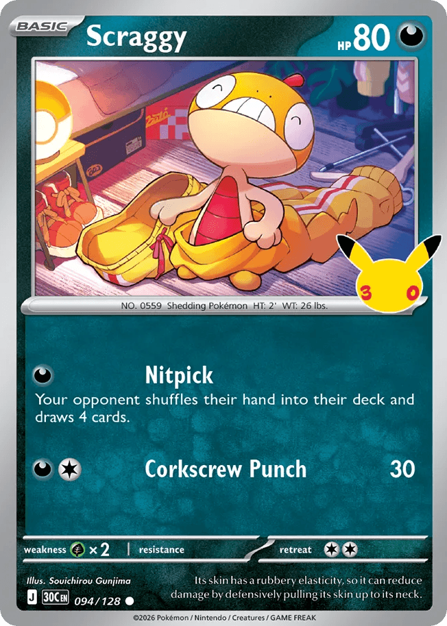 Scraggy, card 94, from Pokemon TCG: 30th Celebration