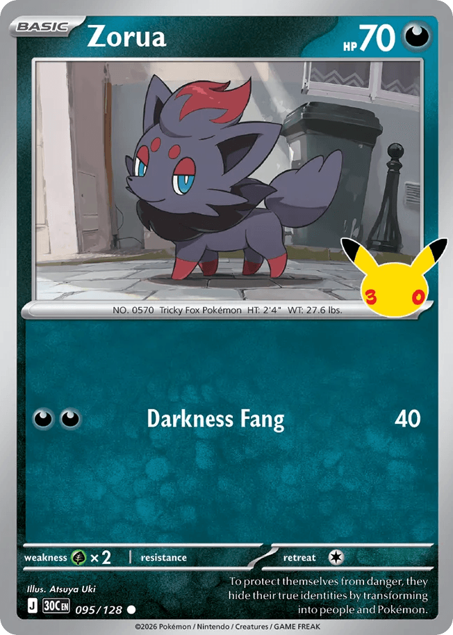 Zorua, card 95, from Pokemon TCG: 30th Celebration