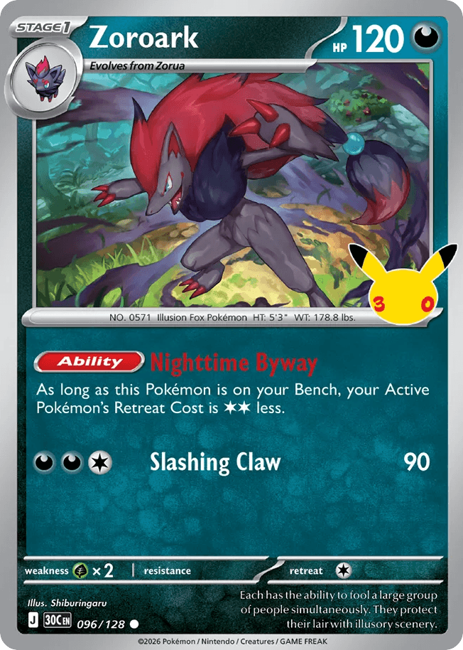 Zoroark, card 96, from Pokemon TCG: 30th Celebration